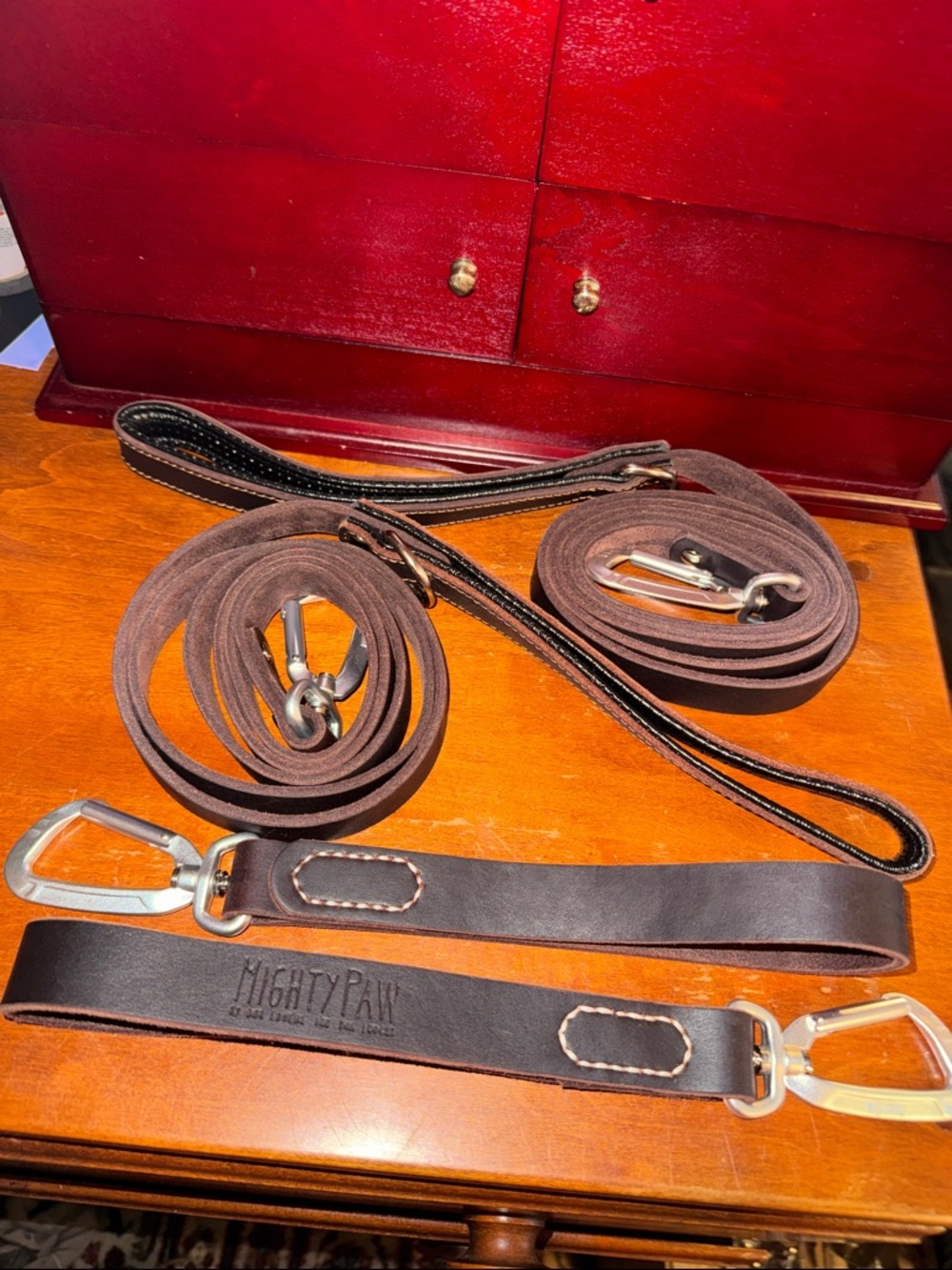 Brown Leather Dog Leashes  two 1 ft and two 6 ft Leashes with Carabiner Clips
